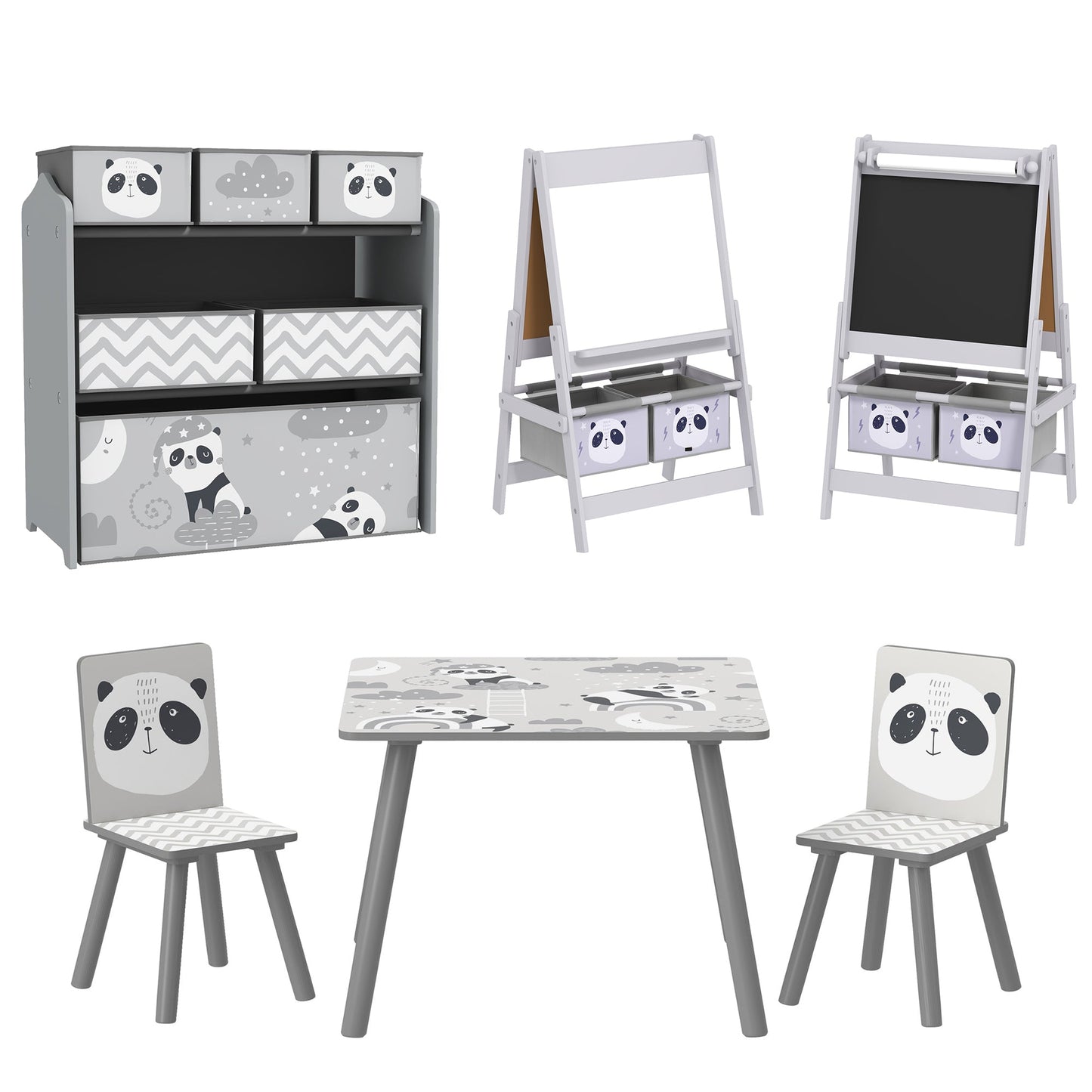 ZONEKIZ Kids Table and Chairs, Kids Storage Unit and Kids Easel Set, Cute Animal Design Kids Activity Furniture Set for Ages 3-8 Years, Grey