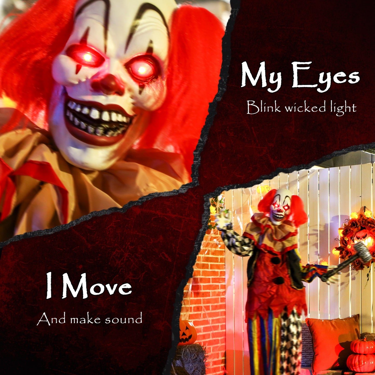 Outsunny 173 cm Life Size Halloween Animated Standing Clown & Hammer with Red Light Up Eyes, Sound Activated Moving Arms & Head, Scary Clown Halloween Decorations, Battery Operated, Indoor Party Props