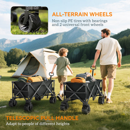 Outsunny Outdoor Folding Garden Trolley on Wheels, Capming Cargo Wagon Cart Trailer w/ Handle, Wheels for Beach Garden, Black