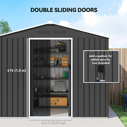 Outsunny 8 x 6ft Galvanised Steel Shed, with Double Door - Dark Grey