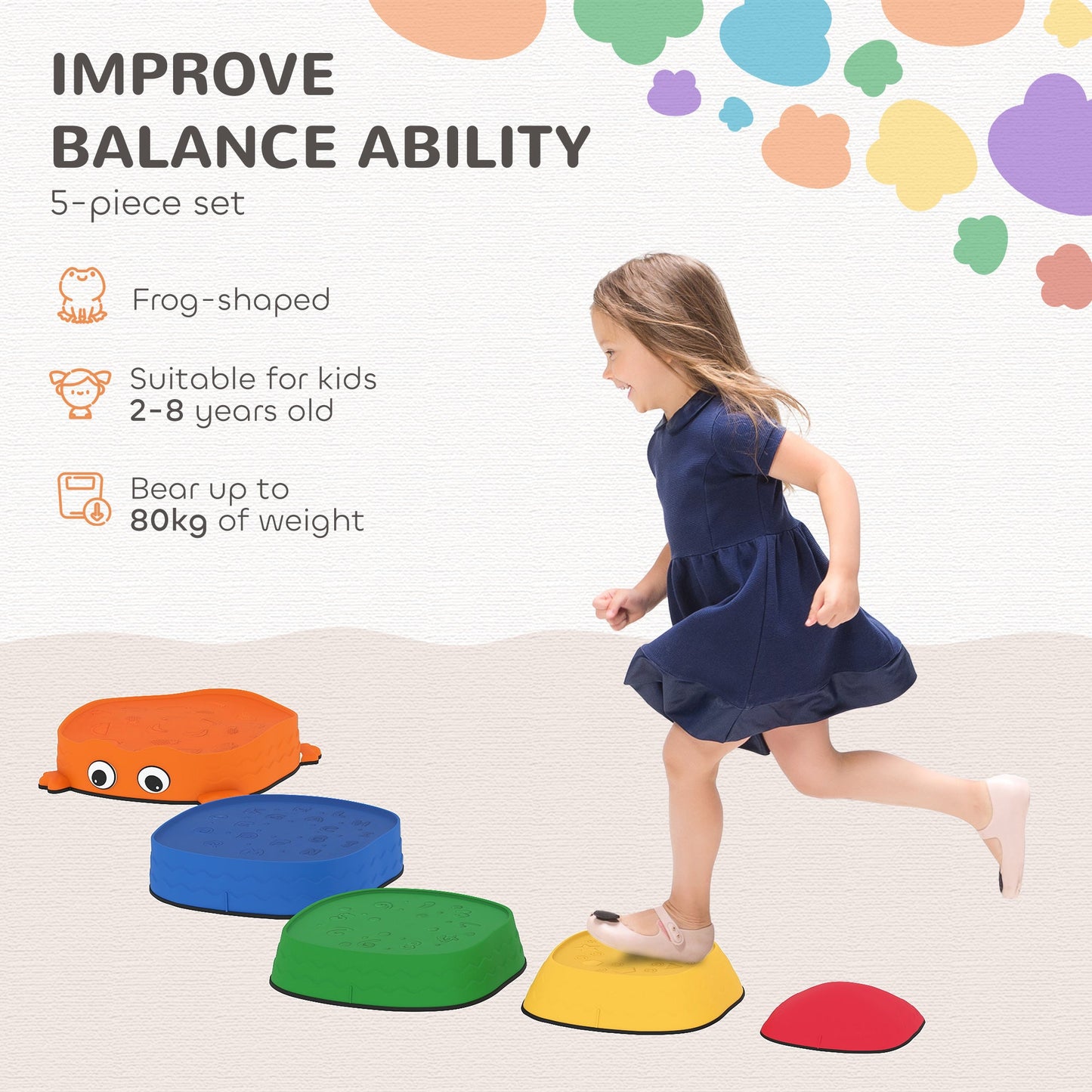 AIYAPLAY 5PCS Sensory Stepping Stones for Toddlers, Frog-Shaped Kids Stepping Stones Set with Anti-Slip Edging for Ages 2-8