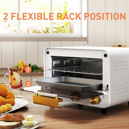 HOMCOM Small Toaster Oven, 12L Multifunction Mini Countertop Oven with Glass Door, Adjustable Temperature and Timer, Accessory Included, 750W, White