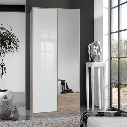 GEMA 2 Door 2 Drawer Mirrored Wardrobe Oak and White Gloss 90cm