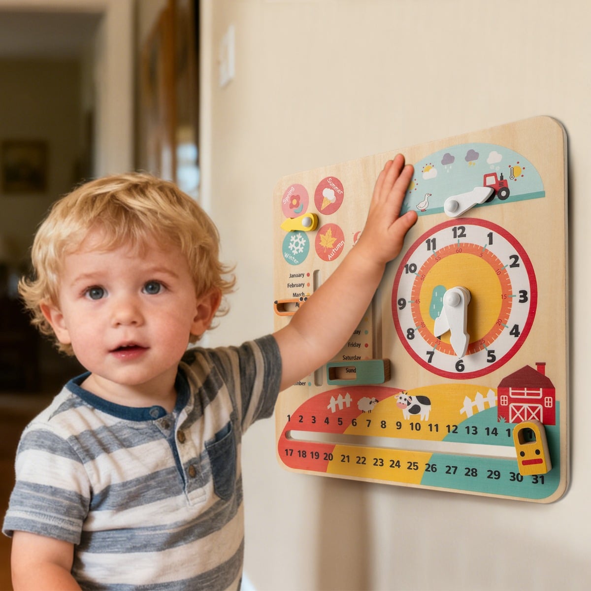 Daily Calendar Wooden Toy with Clock and Seasons
