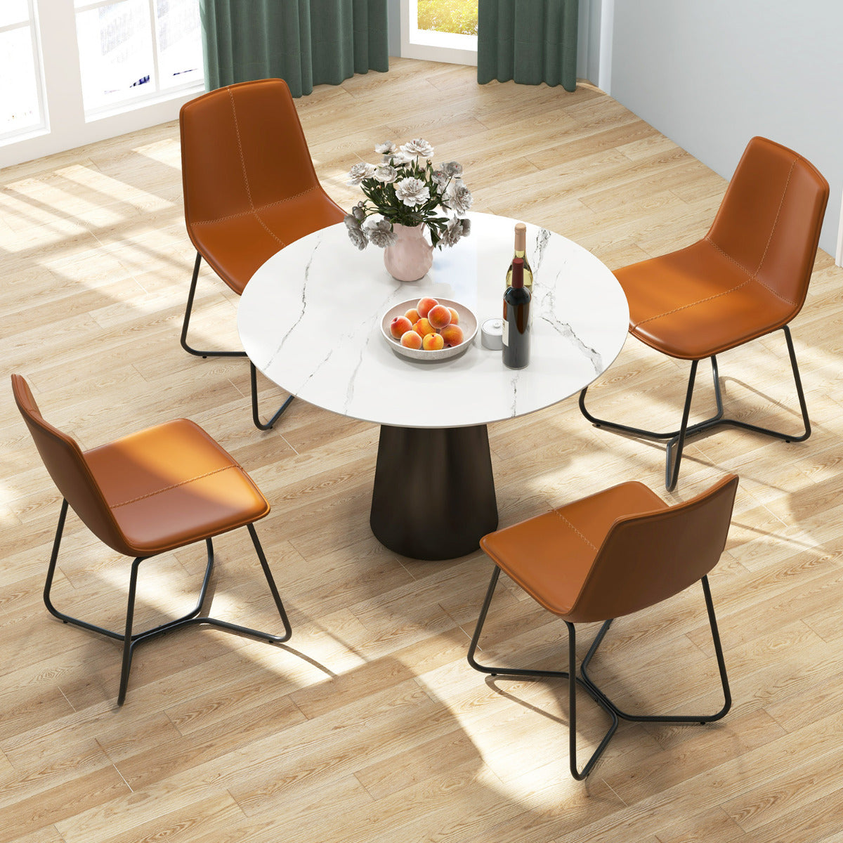 Dining Chair Set of 4 with Metal Legs and Vintage Stitching-Brown