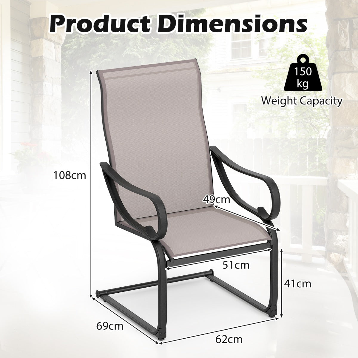 Patio Outdoor C-Spring Dining High-Back Chairs Set of 2-Grey