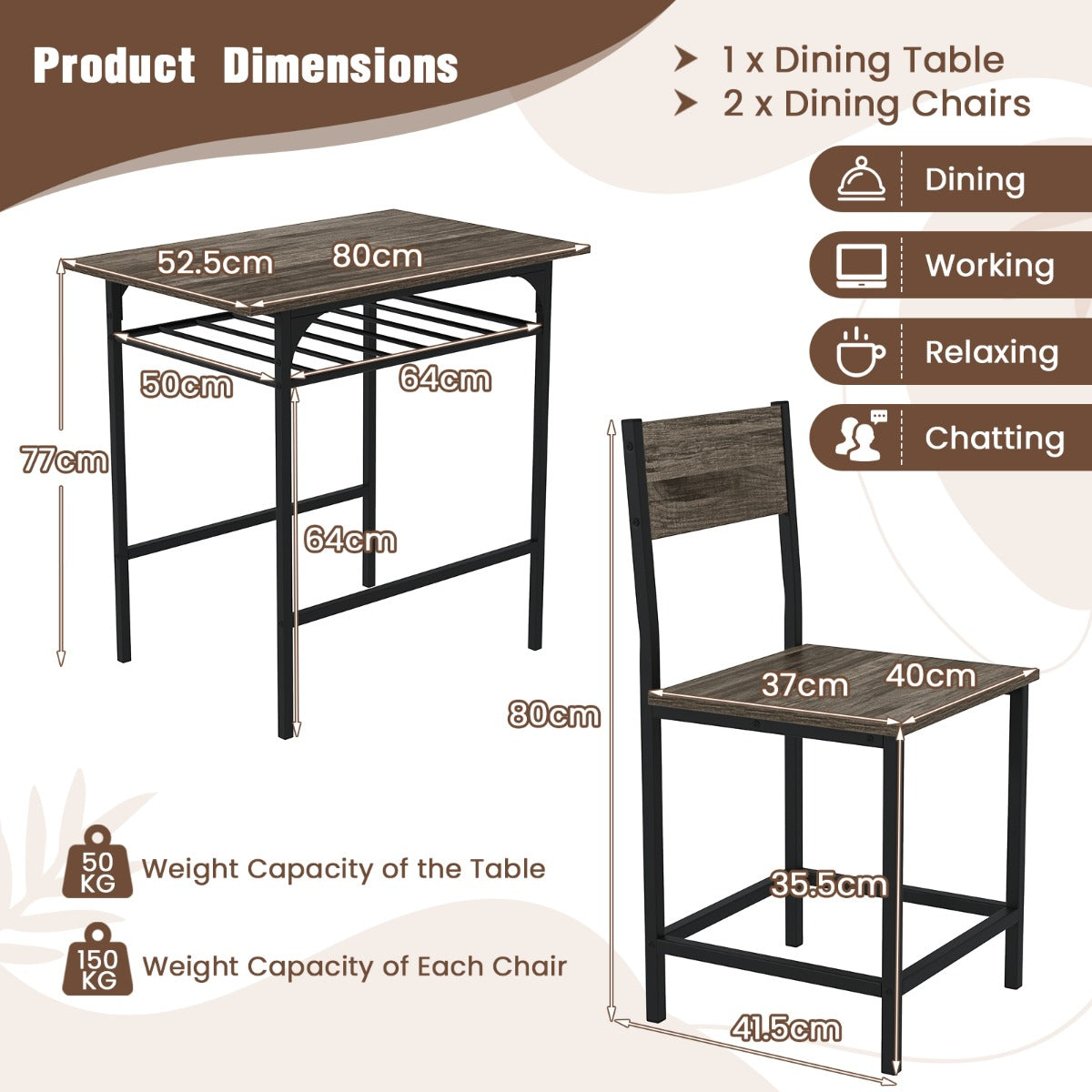 Dining Table Set for 2 with Metal Frame and Storage Rack-Grey