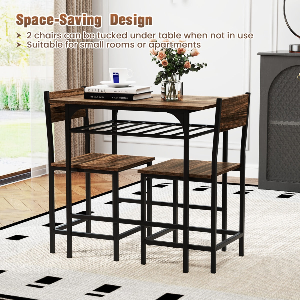 Dining Table Set for 2 with Metal Frame and Storage Rack-Rustic Brown
