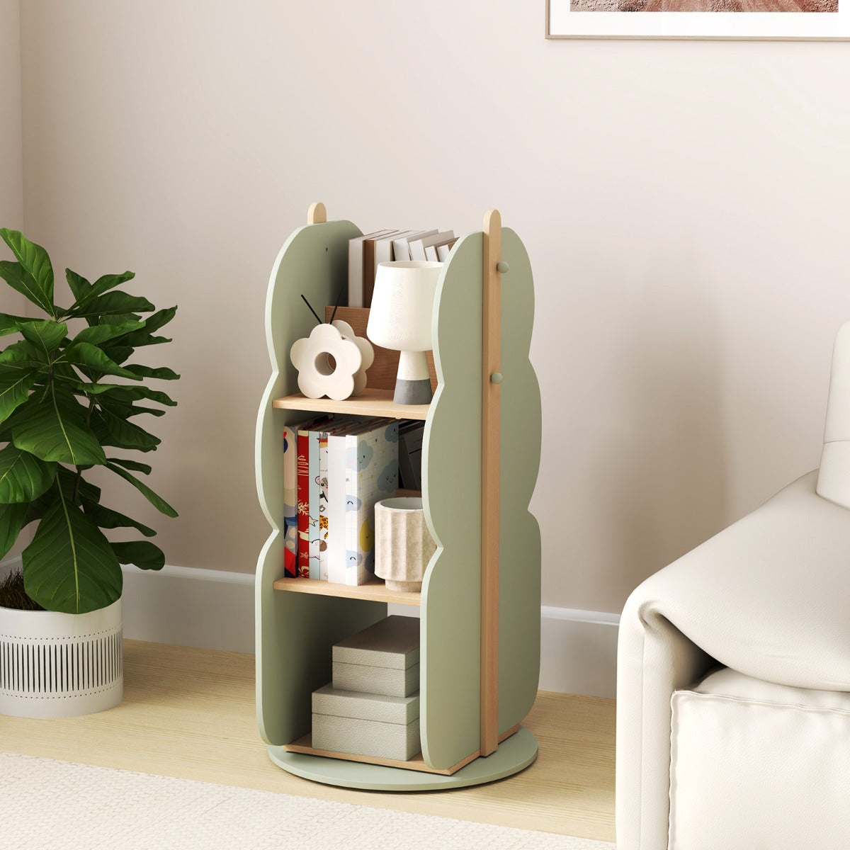 360° Display Corner Book Shelf with Side Hooks for Small Space-Green