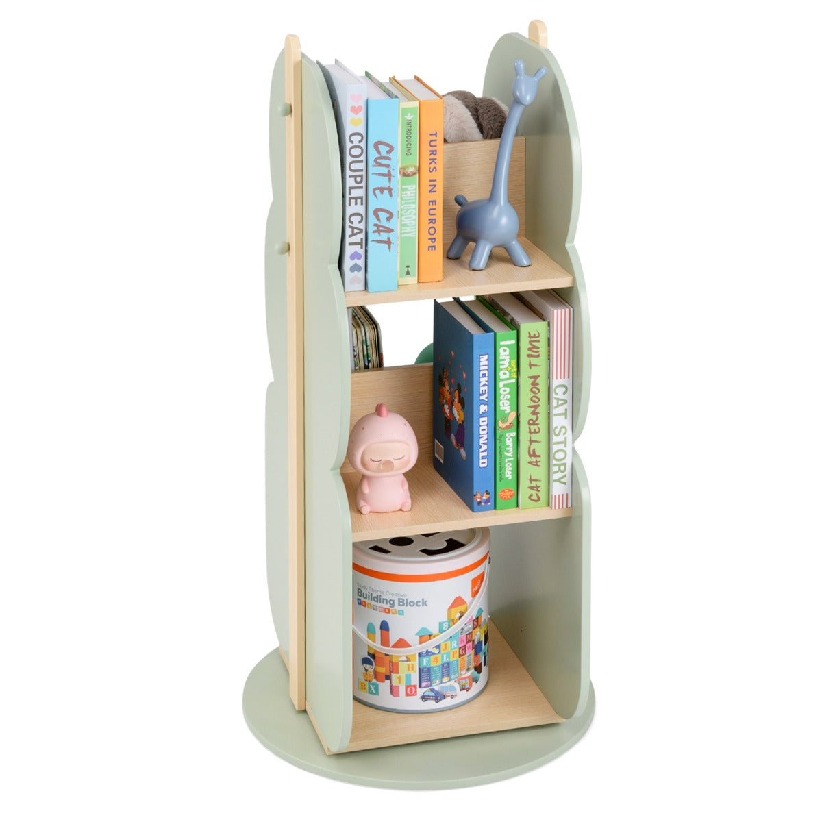 360° Display Corner Book Shelf with Side Hooks for Small Space-Green