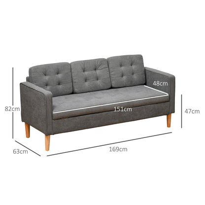 HOMCOM Modern 3 Seater Sofa with Hidden Storage, 169cm Tufted Snow Flannel Couch with Wood Legs, Compact Sofa for Living Room, Grey