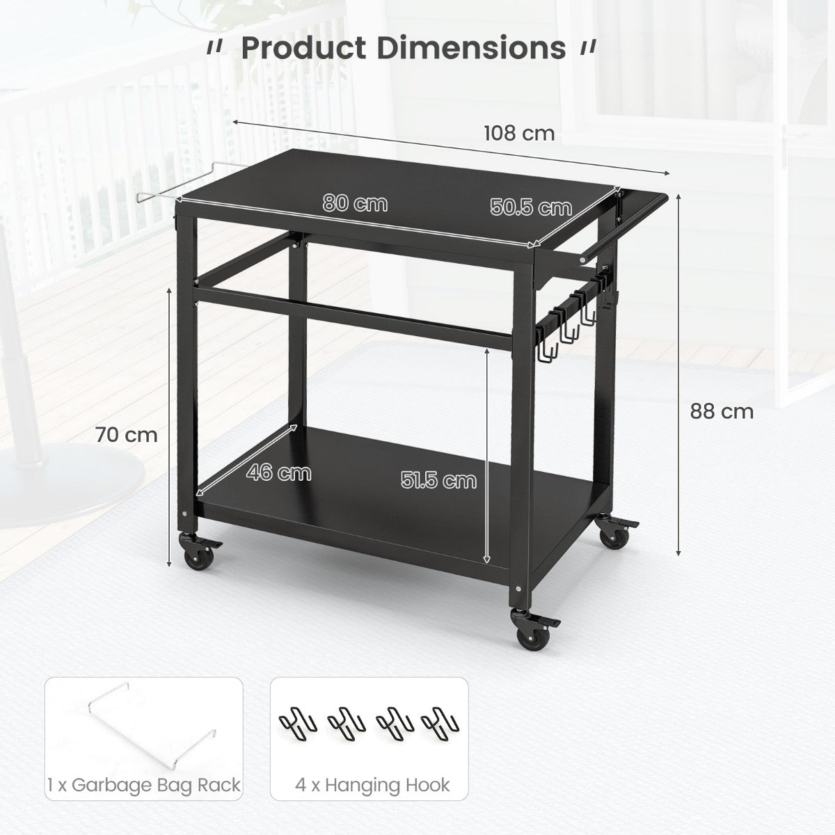 Double-Shelf Movable BBQ Cart with 4 Lockable Wheels and Side Handle-Black