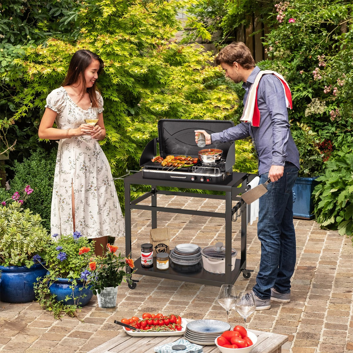 Double-Shelf Movable BBQ Cart with 4 Lockable Wheels and Side Handle-Black