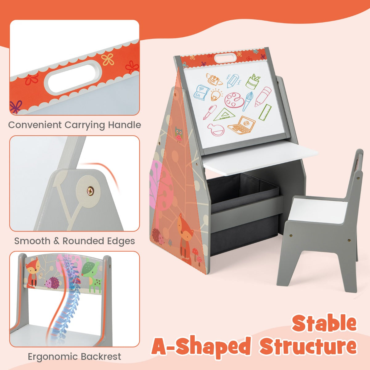 Double-Sided Kids Art Easel and Play Station for Boys Girls-Grey