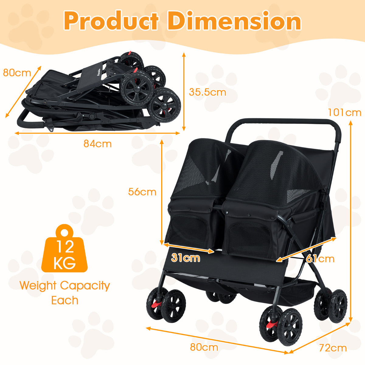 Double Pet Stroller Foldable Twin Dog Walk Jogger with 2-seater Carrier-Black