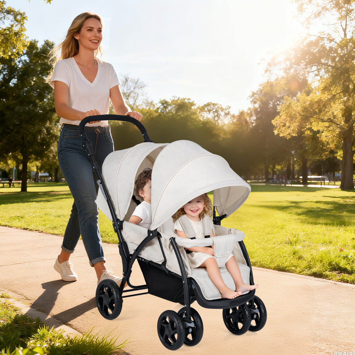 Double Pushchair with Adjustable Backrest and Sunshade-Beige