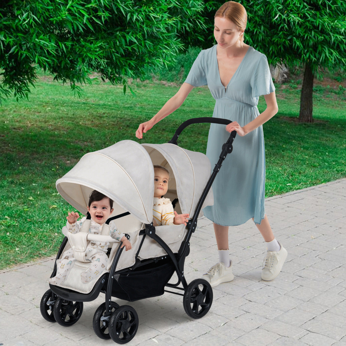 Double Pushchair with Adjustable Backrest and Sunshade-Beige