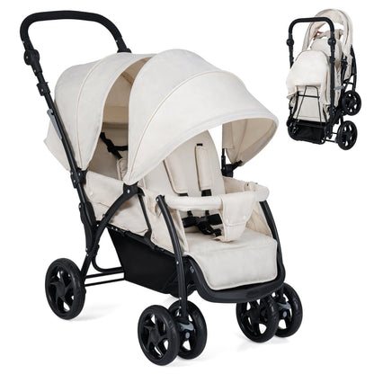 Double Pushchair with Adjustable Backrest and Sunshade-Beige