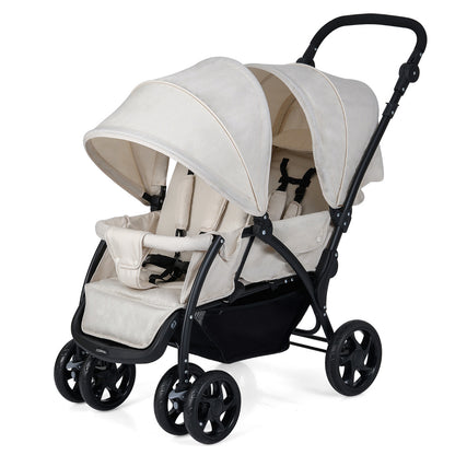 Double Pushchair with Adjustable Backrest and Sunshade-Beige
