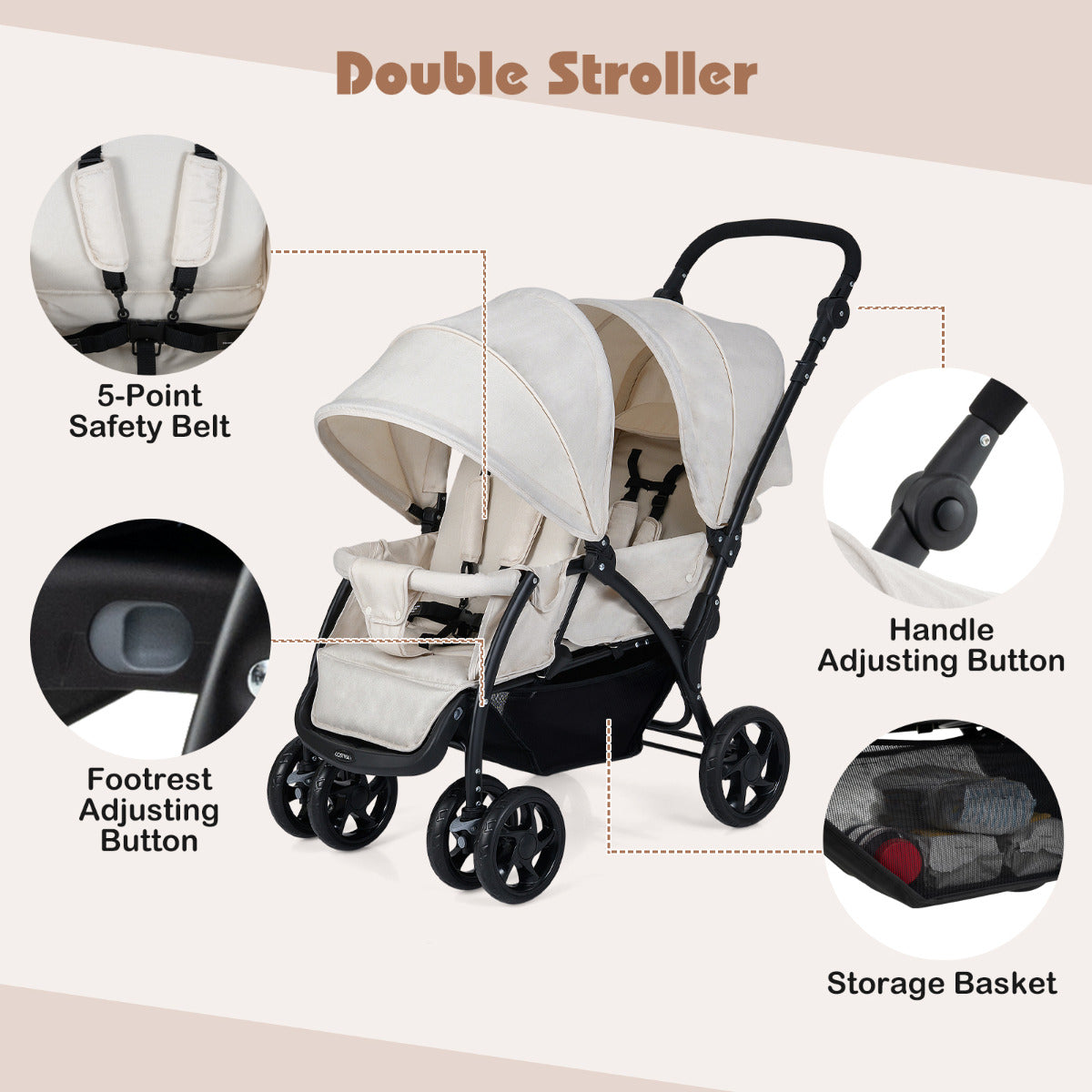 Double Pushchair with Adjustable Backrest and Sunshade-Beige