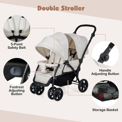 Double Pushchair with Adjustable Backrest and Sunshade-Beige