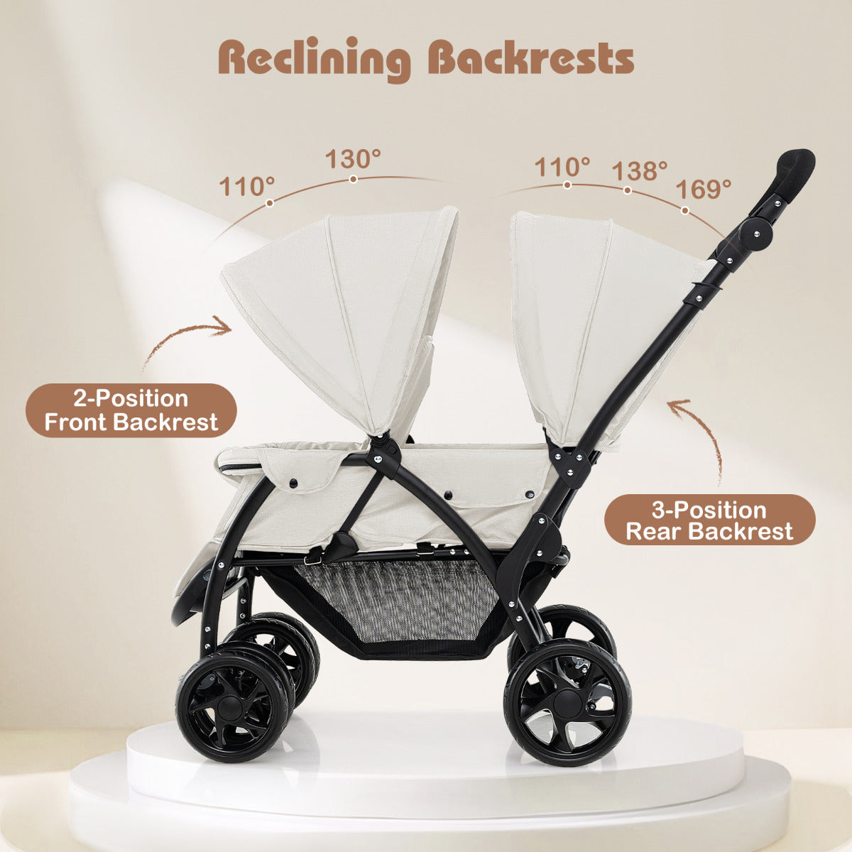 Double Pushchair with Adjustable Backrest and Sunshade-Beige