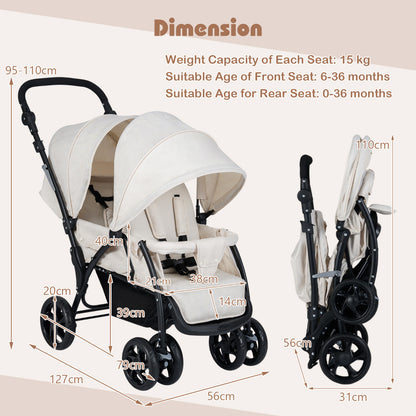 Double Pushchair with Adjustable Backrest and Sunshade-Beige