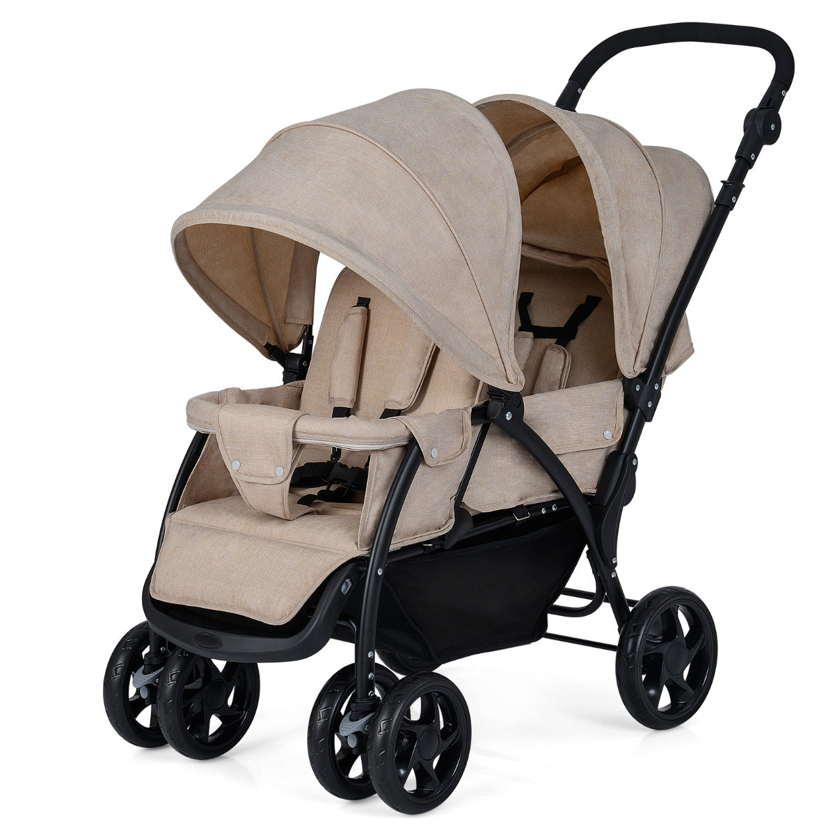 Double Pushchair with Adjustable Backrest and Sunshade-Khaki