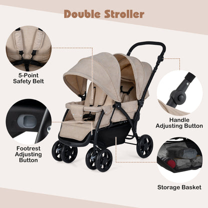 Double Pushchair with Adjustable Backrest and Sunshade-Khaki