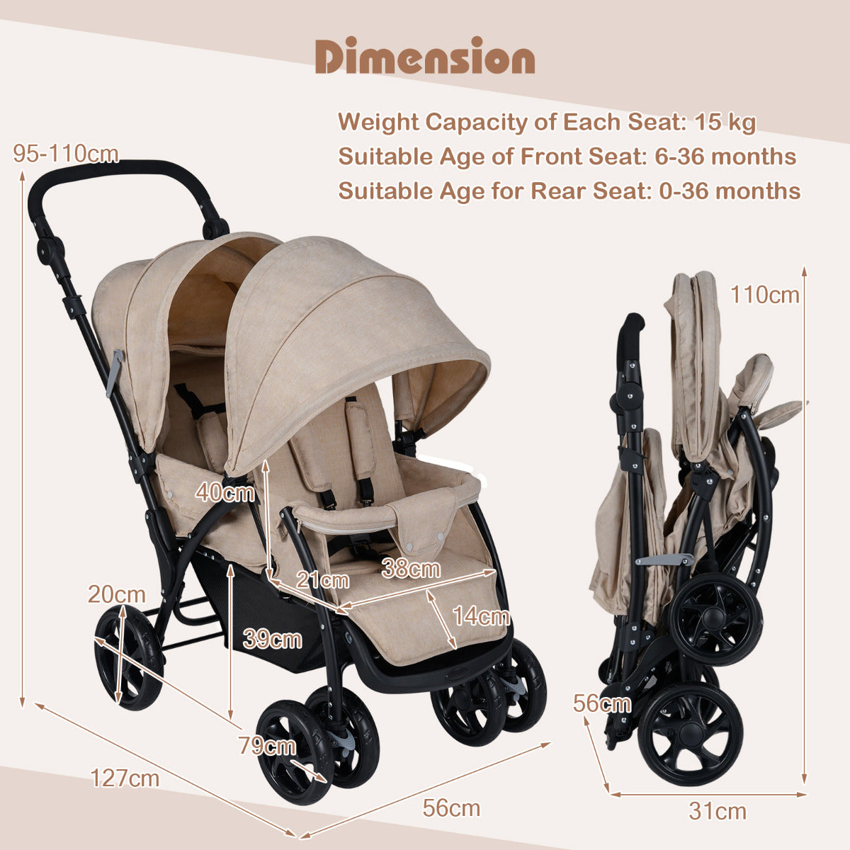 Double Pushchair with Adjustable Backrest and Sunshade-Khaki