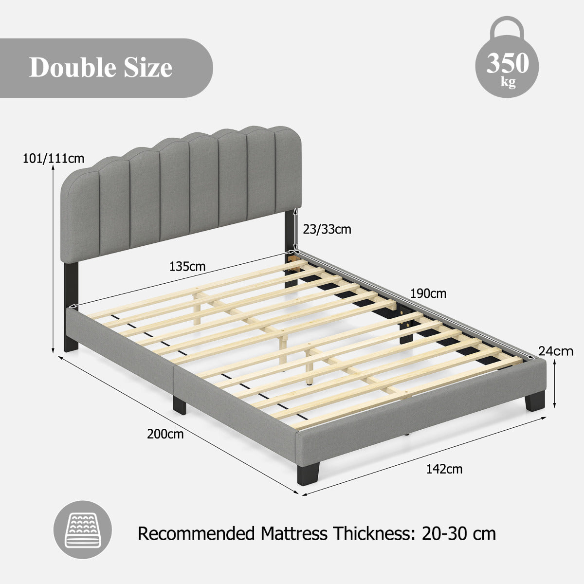 Double Size Linen Upholstered Platform Bed with Adjustable Scalloped Tufted Headboard-Double Size-Grey