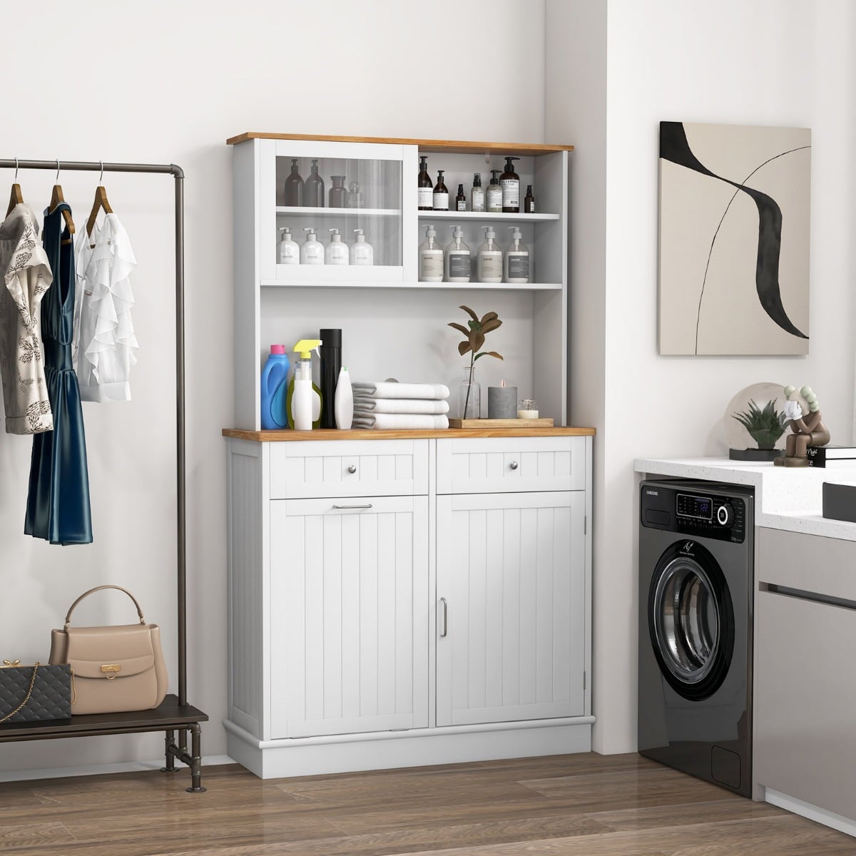 Double Tilt Out Trash Cabinet with Rubber Wood Countertop for Kitchen Dining Room-White