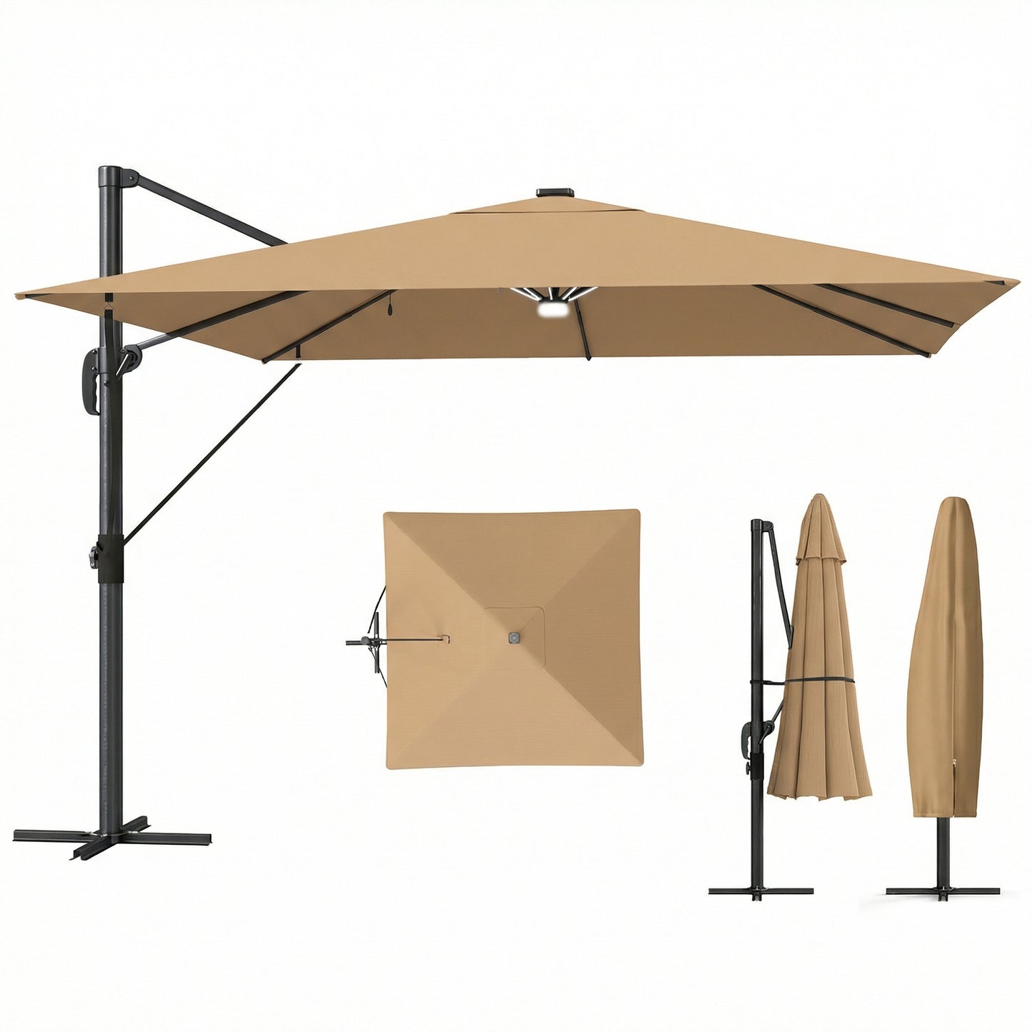 Outsunny 3 x 3 m Garden Cantilever Parasol with Light, Umbrella with Wind Protection, 360Â° Rotation, Khaki