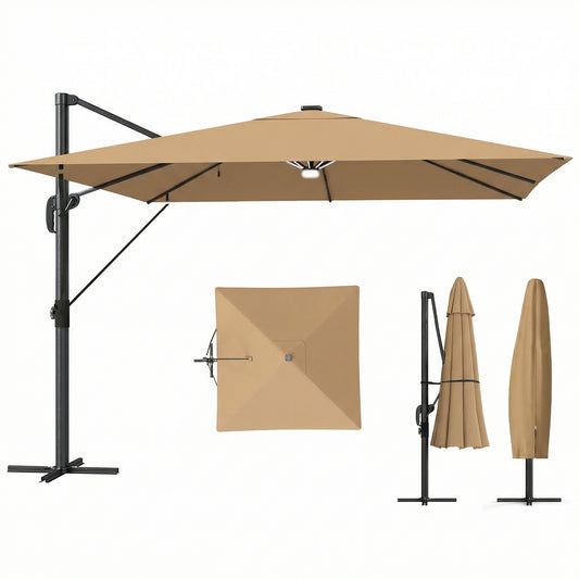 Outsunny 3 x 3 m Garden Cantilever Parasol with Light, Umbrella with Wind Protection, 360Â° Rotation, Khaki