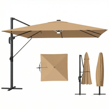 Outsunny 3 x 3 m Garden Cantilever Parasol with Light, Umbrella with Wind Protection, 360 degrees Rotation, Khaki
