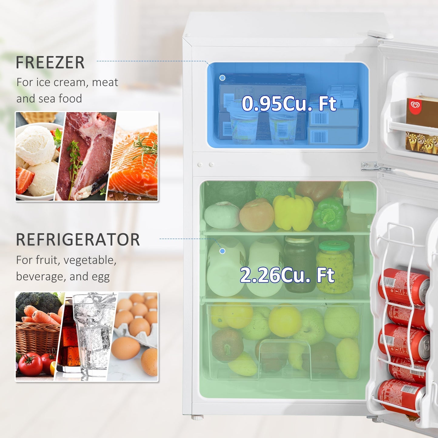 HOMCOM 88L Under Counter Fridge Freezer, Small Refrigerator with 5-Setting, 3 Star Freezer Rating, White