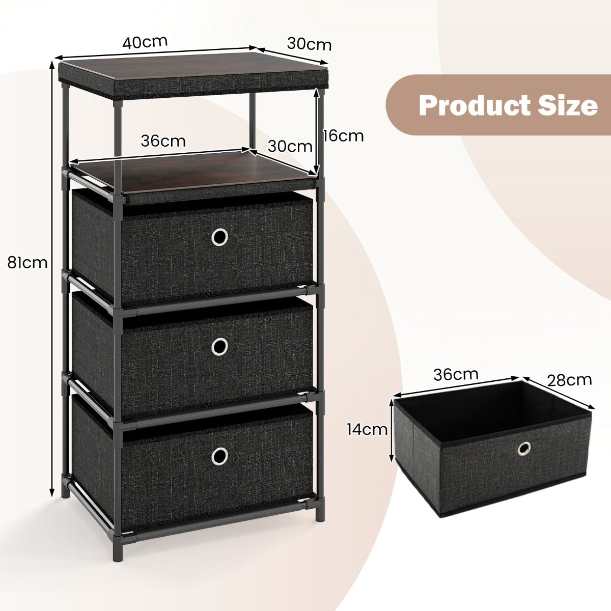Dresser with 3 Drawers with Wood Top and Metal Frame-Black