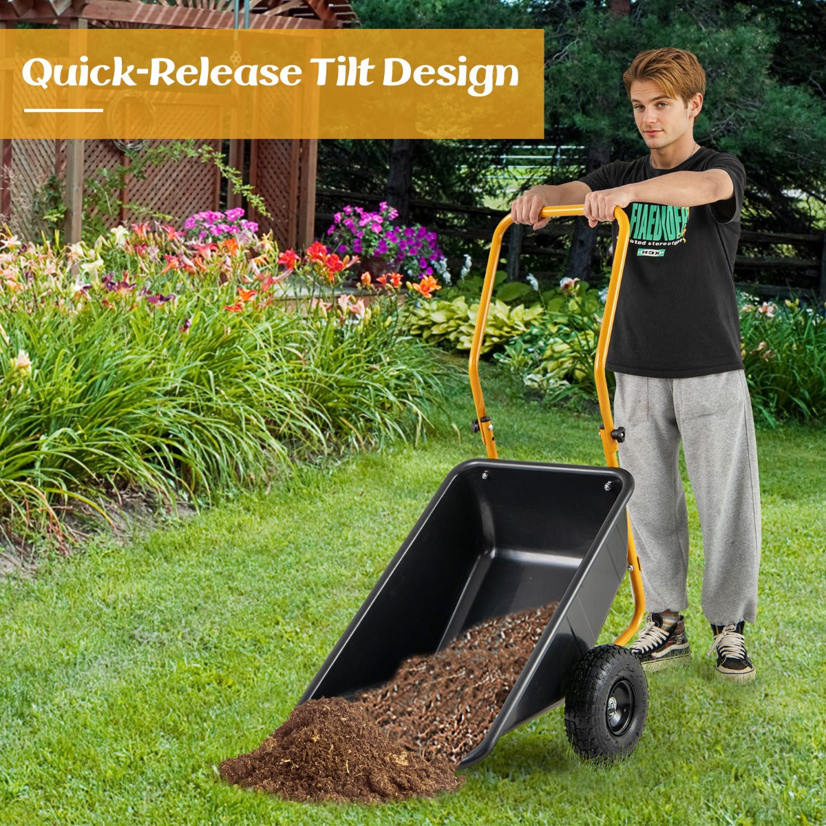 Heavy-Duty Garden Utility Cart with Pneumatic Tires-Black