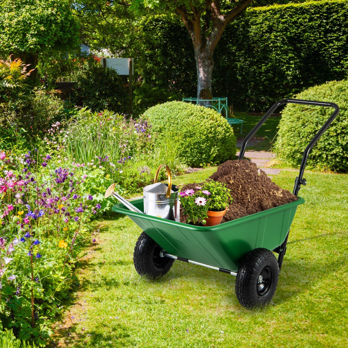 Heavy-Duty Garden Utility Cart with Pneumatic Tires-Green