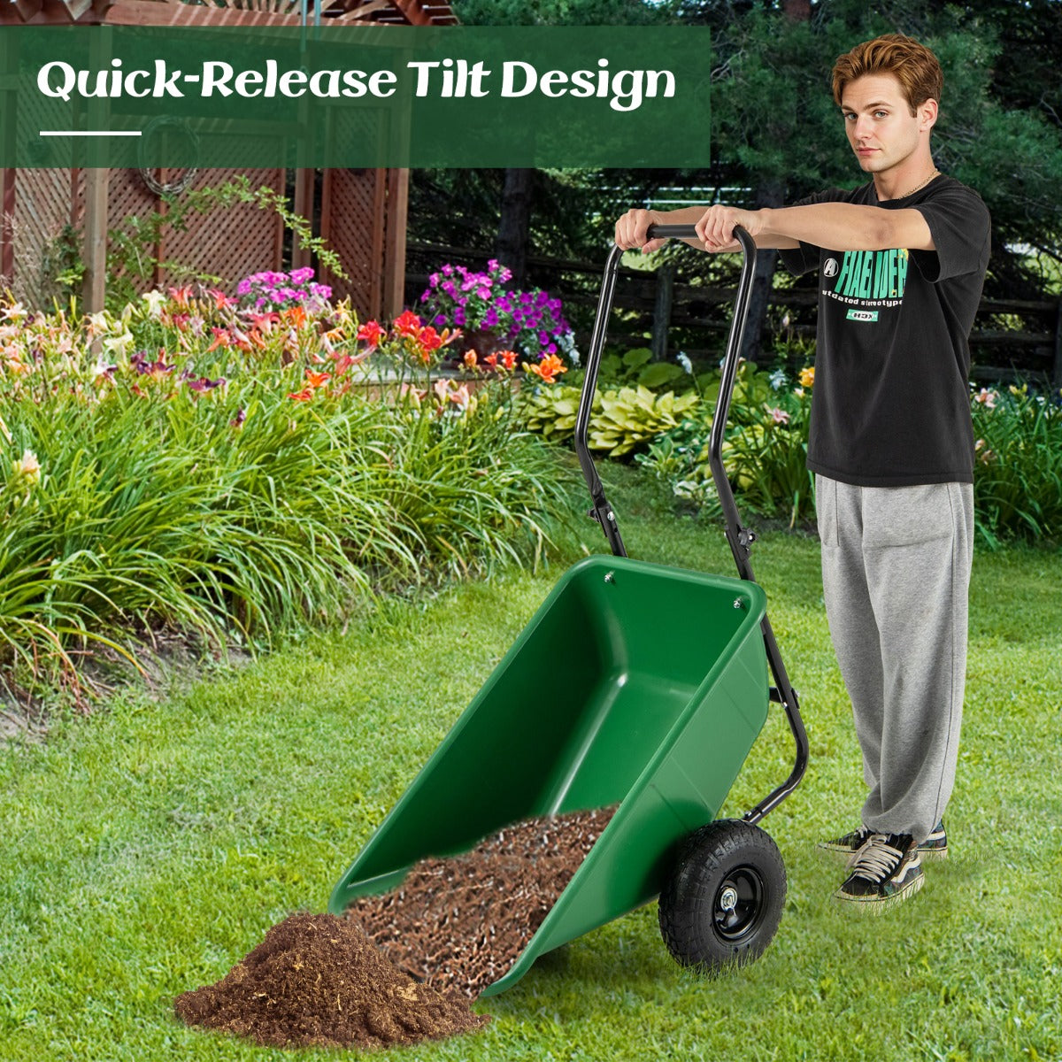 Heavy-Duty Garden Utility Cart with Pneumatic Tires-Green