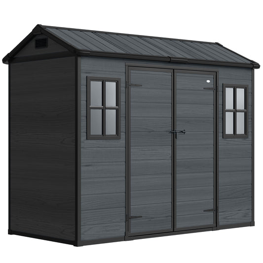 Outsunny 8 x 4 ft Resin Garden Shed, Wood-Effect Outdoor Storage Shed with Floor, Windows, Lockable Doors and Vents, Dark Grey