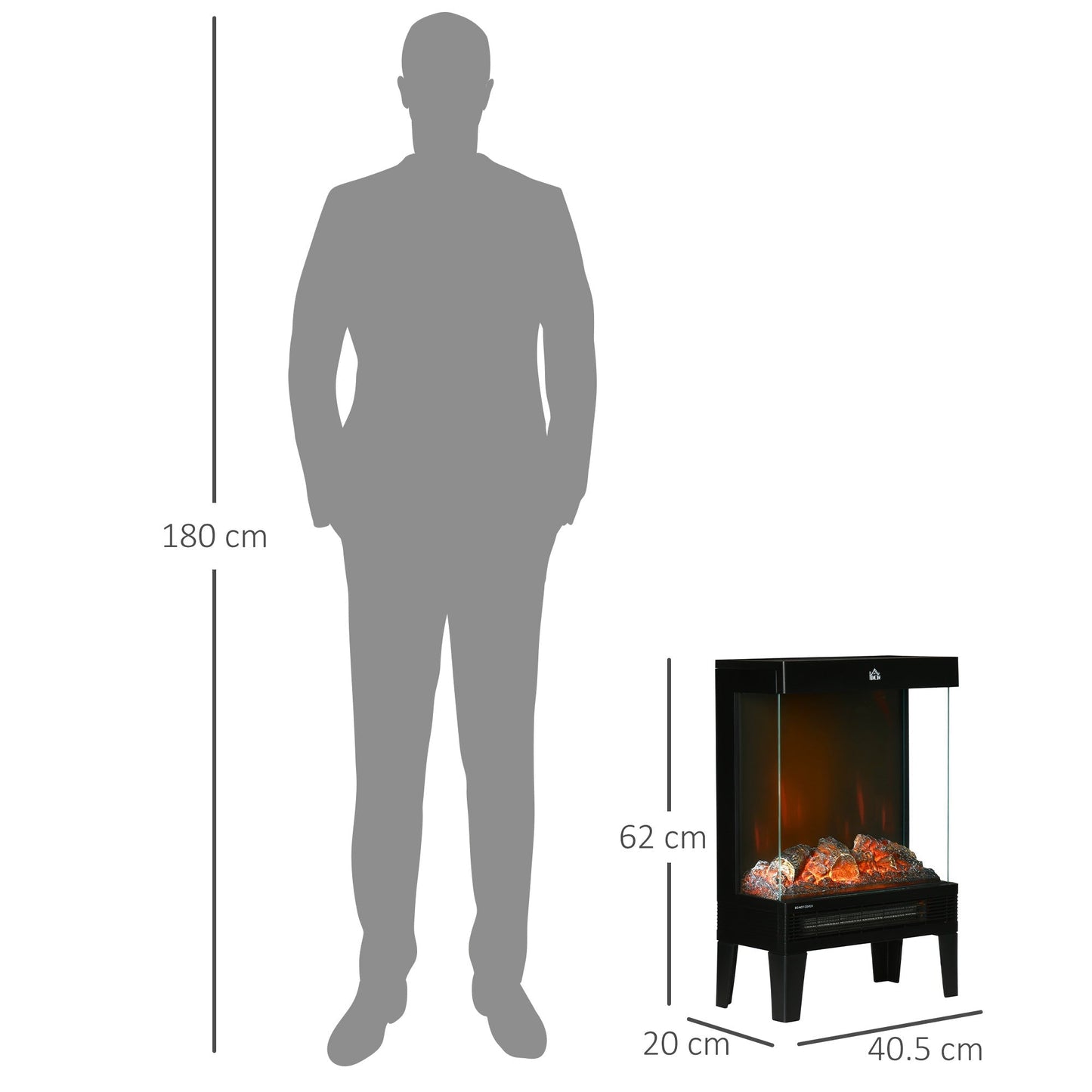 HOMCOM 180 Charming Electric Fireplace Heater, Quiet Freestanding Stove with LED Flame Effect, Level-less Temperature Control, Overheating Protection, 1000W/2000W, Black
