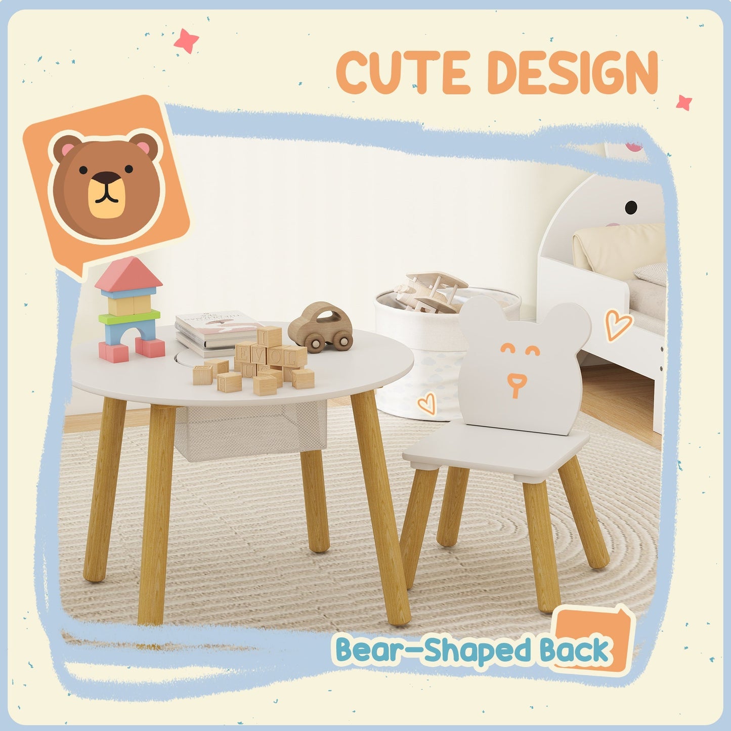 AIYAPLAY 3-Piece Kids Activity Table Set with Centre Mesh Bag, Bear-Shaped Backrest, for Arts and Crafts, Reading, White