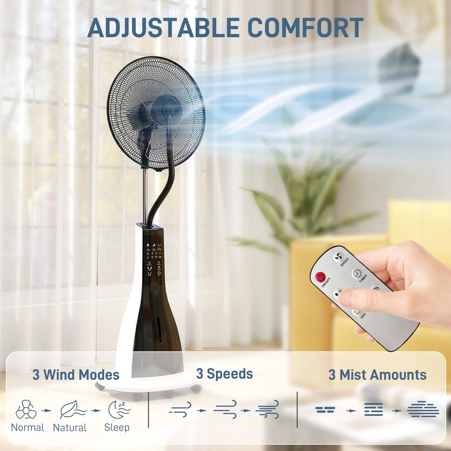 HOMCOM Pedestal Fan with Water Mist Spray, Spray Misting Fan with 75Â° Oscillation, Remote Control, Tilt Head, 3 Speeds, 3 Modes, 3 Mist, 3L Water Tank, Wheels, for Home, 125 cm