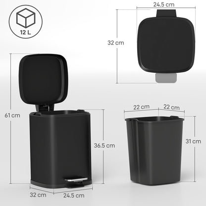 HOMCOM 12L Modern Boxy Metal Home Kitchen Bin - Black