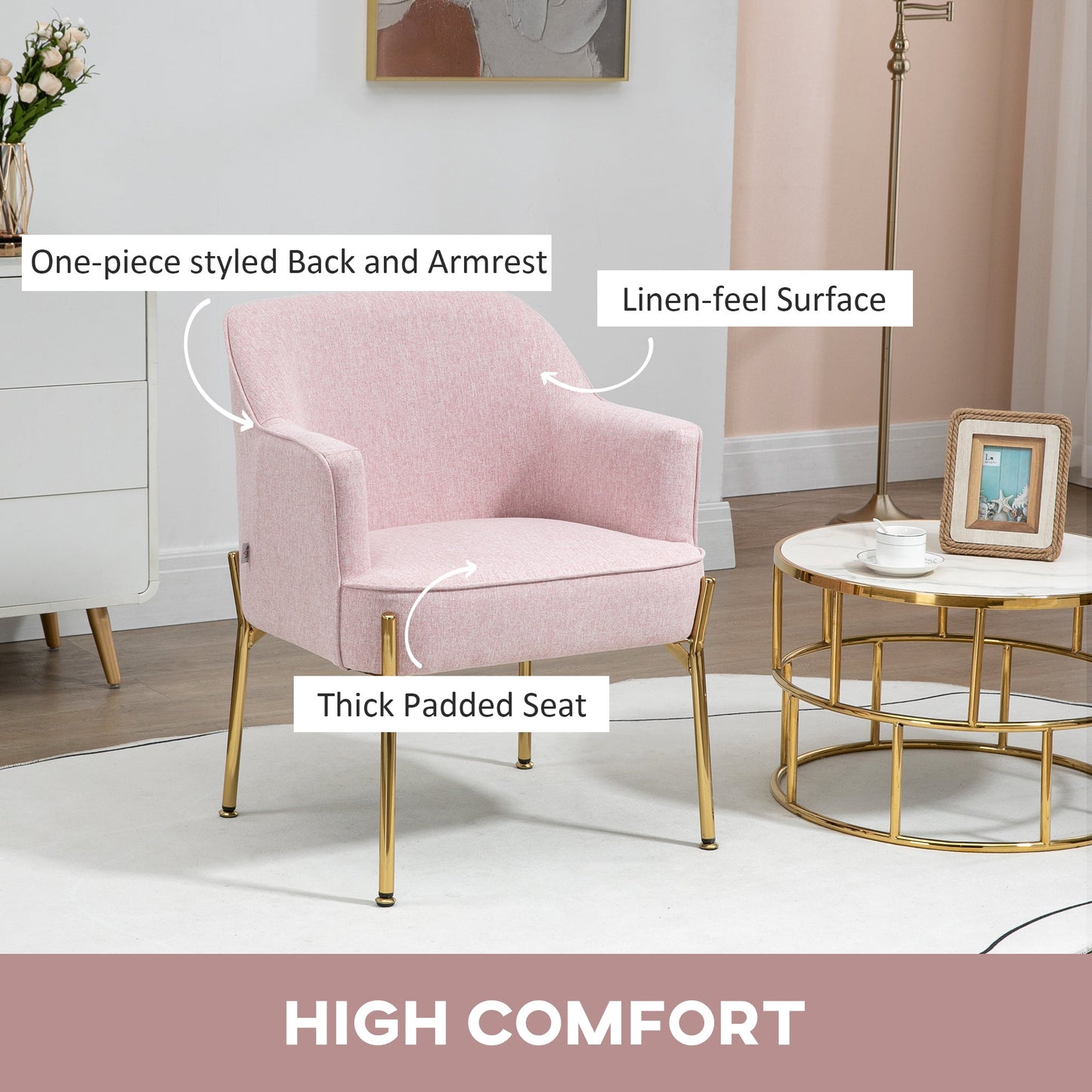 HOMCOM Accent Chair, Living Room Armchair, Vanity Chair with Gold Plating Metal Legs and Soft Padded Seat for Bedroom and Cafe, Set of 2, Pink