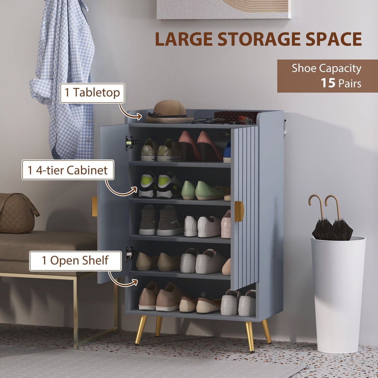 HOMCOM Modern Shoe Cabinet with 2 Doors, Open Shelf and Adjustable Shelves, 15 Pair Hallway Shoe Cupboard, Entryway Storage Unit, Light Grey