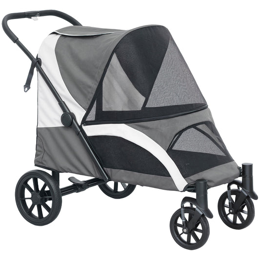PawHut Foldable Pet Stroller for Large Dogs with 4 Big Wheels, Shock-Absorbing Frame, Safety Leashes, Brakes, Dark Grey