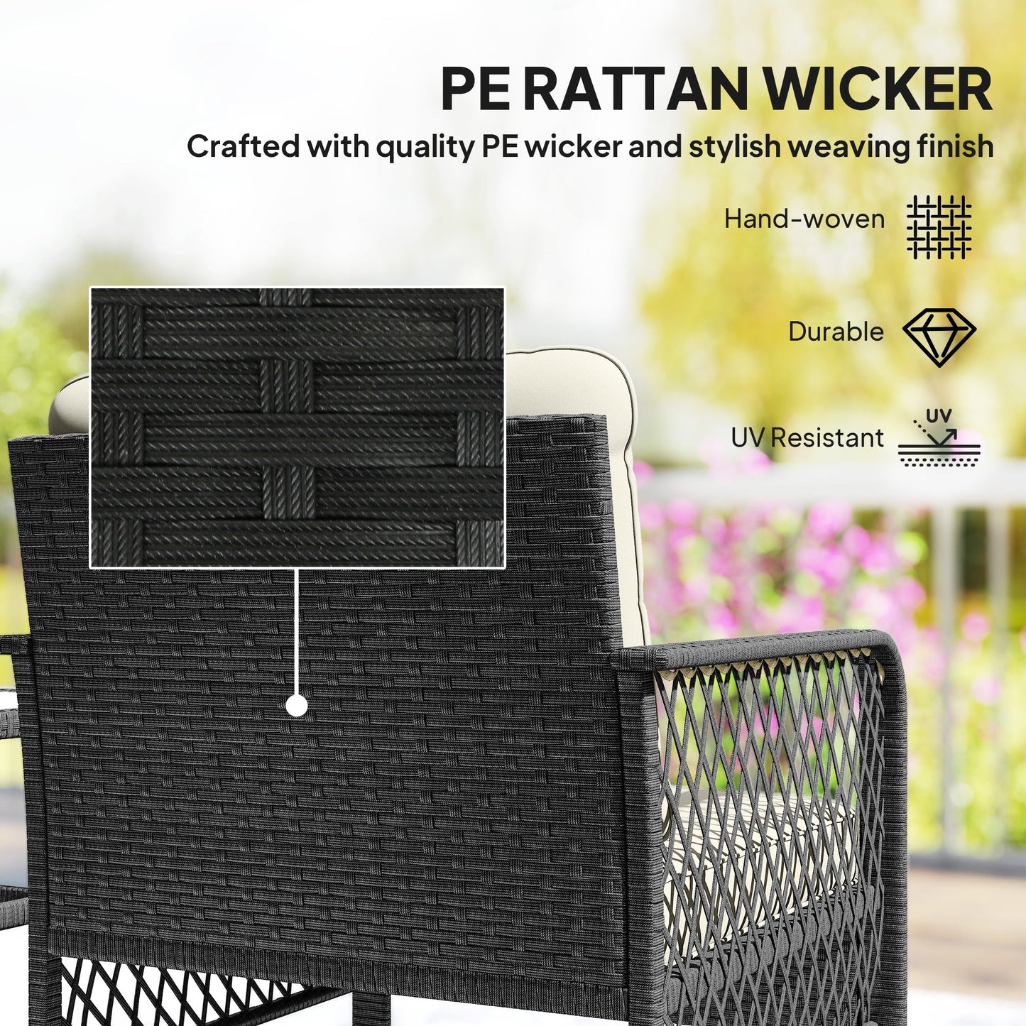 Outsunny 3 Pieces Rattan Bistro Set with Glass Top Coffee Table, Chairs and Cushions for Outdoor, Patio, Balcony, Cream