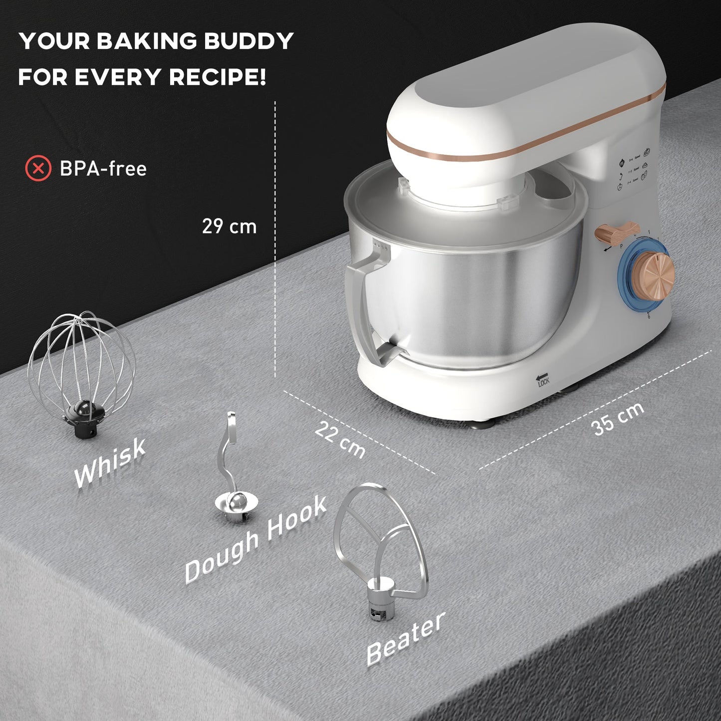 HOMCOM 1300W Kitchen Stand Mixer, with Accessories - White